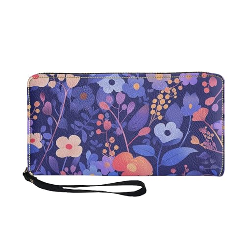 Slim Wallet For Women Purple Floral Print Card Holder Zipper Case Women's Purse Ladies Travel Pouch