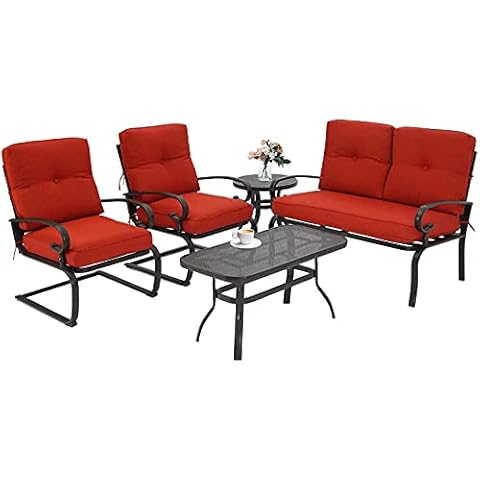 SOLAURA 5-Piece Patio Furniture Conversation Sets with Wrought Iron Loveseat and Spring Chairs（Red） Cover