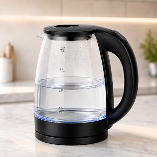 Image of 2 Litre Electric Kettle with Blue Indicator Light, 360 Degree Swivel Base, Automatic Shut Off, Borosilicate Glass Body, Fast Boil Water Heater for Tea, Coffee & Hot Water (TRANSPARENT)