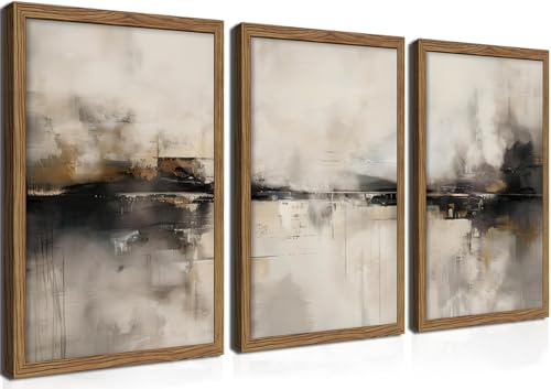 Neutral Abstract Wall Art Set of 3, Modern Black Brown