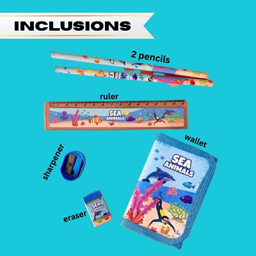 Image of Fancy Stationary Set Sea Animals Design For Kids Children Back To School Office Supplies Perfect Gifts - Blue (2*Fancy Pencils + 1*sharpener+1*Eraser+1*Ruler+1*Wallet)