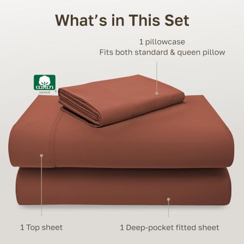 Image of California Design Den Twin XL Sheets Set - Luxury 600 Thread Count, 100% Cotton Sateen, Rust Twin XL Sheet Set, Deep Pockets, Soft and Durable Bedding - Rust