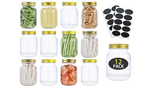 Mason Jars 16 oz Glass Jars with Lids 1 Pint Canning Jars For Meal Prep, Food Storage, Canning Jars for Drinking, Overnight Oats, Jelly, Dry Food, Spices, Salads, Yogurt- 12 Pack Gold