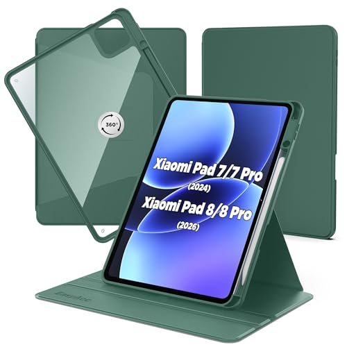 EasyAcc Funda Compatible con Xiaomi Mi Pad 7/ Pad 8/ Pad 7 Pro/Pad 8 Pro(11.2 Pulgadas), con Soporte para Pencil, Carcasa Soporte Rotación de 360 Grados Protectora Respaldo Clara, Verde Noche Oscuro