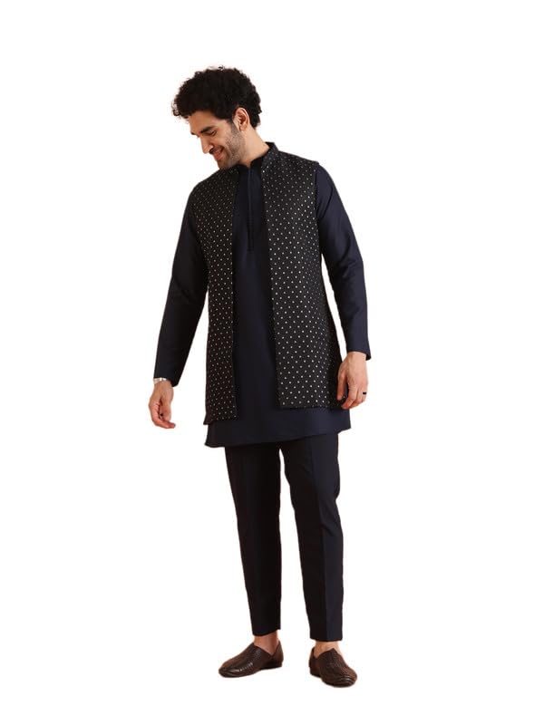 Kisah Silk Blend Kurta Jacket Trouser Set For Men | Nehru Jacket Waistcoat Kurta Set With Trousers | Mens Ethnic Collections-Ka-0941-5542-T306-38-Navy Blue