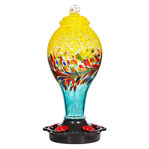 LUJII Hand Blown Glass Hummingbird Feeder for Outdoors with Ant Moat, Leak Proof & Rustproof,36 fl.oz, Metal Base Cover with 5 Feeding Ports & 5 Perches, Glass Art for Garden Decor (Blue Mixed Yellow)