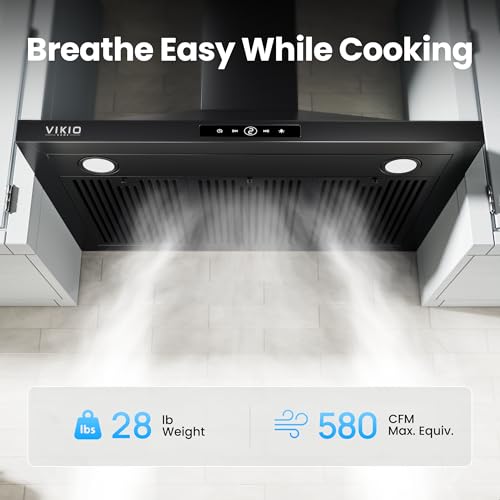 Image of VIKIO HOME 30 inch Wall Mount Range Hood, 580 CFM Kitchen Vent Hood, Ducted /Ductless Convertible with Touch Control, Stainless Steel Stove Vent Hood, Easy Clean Filter, Black