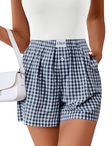 Image of LOMON Boxer Shorts for Women Summer Gingham Pajamas 2026 Lounge Sleep Pj Plaid Shorts Y2K Beach Bottoms with Pockets