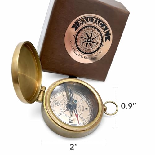 Brújula marina antigua de latón con caja de madera 2 pulgadas miniatura 3