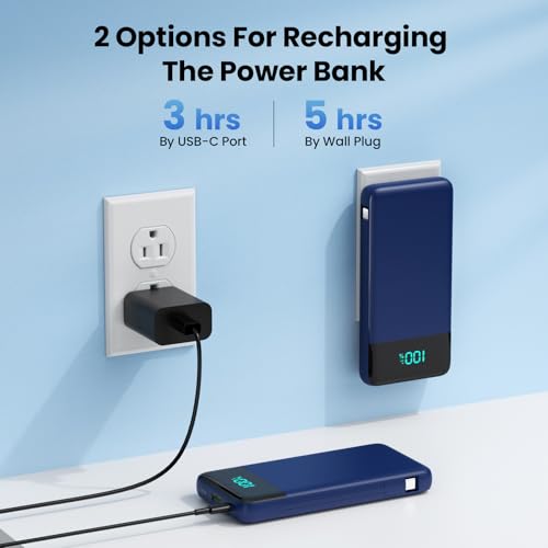 Image of Portable Charger Power Bank for iPhone with Built-in Cables and AC Wall Plug,13800mAh Ultra Slim Travel Essentials,USB C Fast Charging External Battery Pack for iPhone 17 /16 /13,Galaxy,Android- Blue