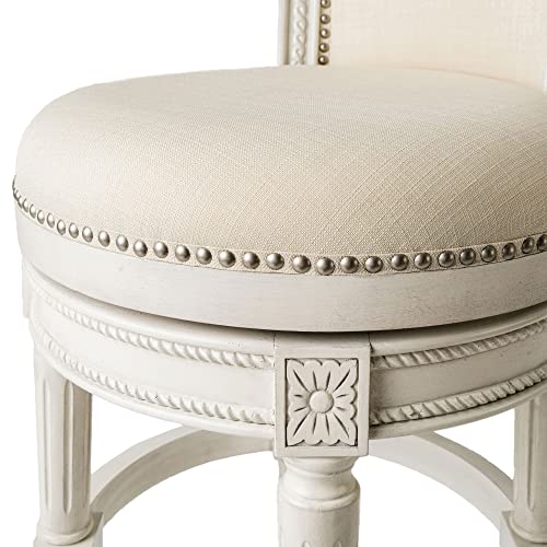 Maven Lane Pullman Wooden Kitchen Counter Height Stool 25" With 180 Degrees Swivel, Brushed White Oak Finish And Natural Fabric, Nail Head Trim Design #TOP1