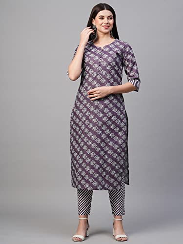 Image of GoSriKi Women's Cotton Blend Printed Straight Kurta With Pant