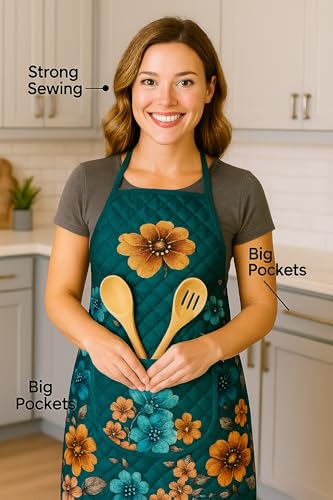 Image of Homerz Premium Velvet Apron for Kitchen with Center Pocket | Cooking Aprons for Women & Men - Ideal for Home & Restaurant | Flower Quilted Print (Blossom, Pack of 2)