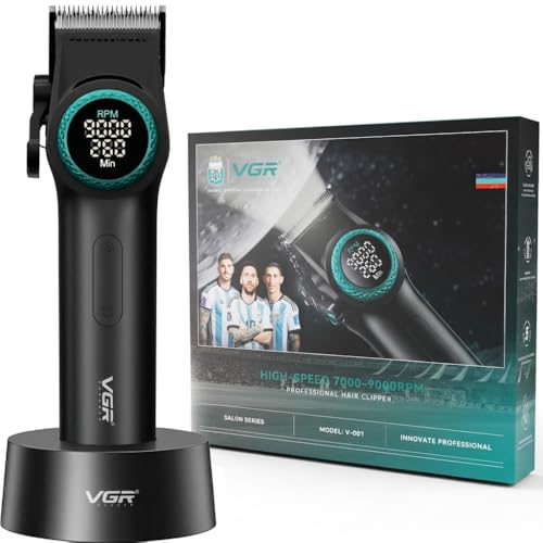 Image of VGR V- 001 Ultra Premium 7000-9000RPM Professional hair clipper Taper lever 5 Level 10x combs 4600MAH battery adapter charging base 21-level speed change Digital display LED light 300 Min, BLUE