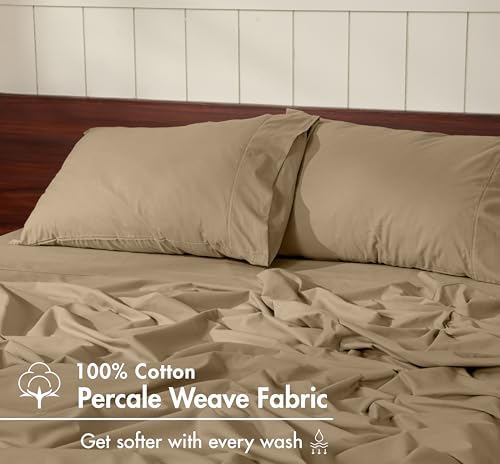 Image of RUVANTI 100% Cotton Percale Sheets Twin XL - Crisp Cooling Summer Bed Sheets for Hot Sleepers, Deep Pocket 14 inch, Soft Peach Finish, Breathable & Durable Hotel-Style 3 Piece Set, Olive Taupe