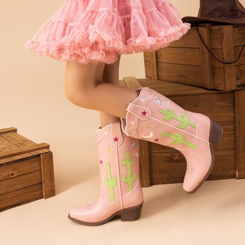 DREAM PAIRS Girls Cowboy Boots Cowgirl Mid Calf Western Boots with Low Heel Square Toe for Little Kid/Big Kid2