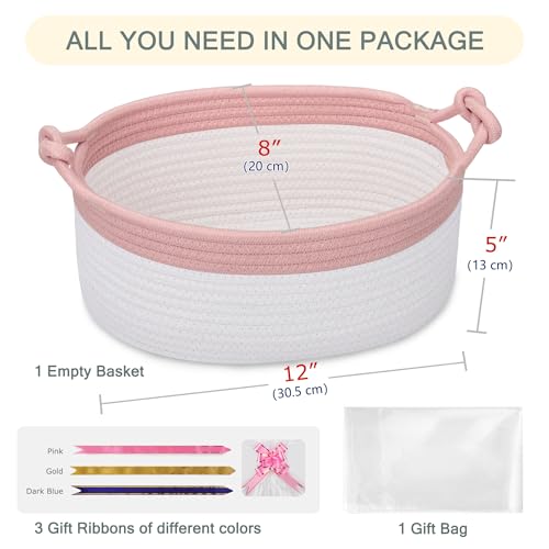 Image of COMSE Small Gift Basket Empty with Bag & Ribbons, Dusty Pink & White