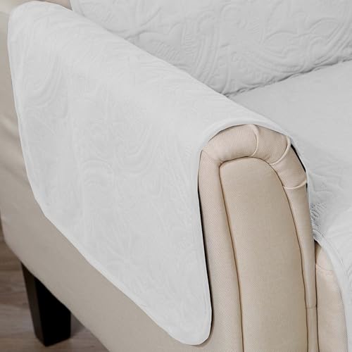 Image of Great Bay Home Reversible Sofa Cover - Washable Slipcover Furniture Protector with Elastic Straps - Perfect for Kids & Pets - Quilted & Stitched Detail (White /Sand)