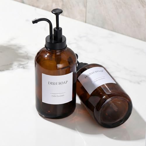 Image of Glass Soap Dispenser with Pump, Dish and Hand Soap Dispenser for Kitchen Bathroom Set, Clear Glass Dispenser Set of 2 Pack with 18 Stickers Funnel Bamboo Tray 500ml 18oz Amber