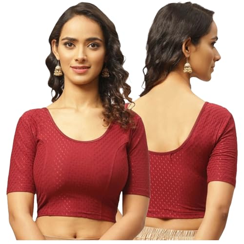 Image of Fressia Fabrics Pure Cotton 4-Way Stretch Readymade Blouse for Women | Free Size to 4XL Stretchable Round Neck Dobby Cotton Half Sleeve Readymade Saree Blouse for Women Stylish