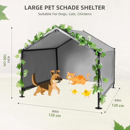 Hundehütte Outdoor für Kleine bis Große Hunde, 120x120x100 cm, Wasserdicht Hundezelt mit Rückentür und künstlichen Weinreben, Sonnenschutz Hundeliege mit Dach für Hühner, Katzen, Farbe in Grau