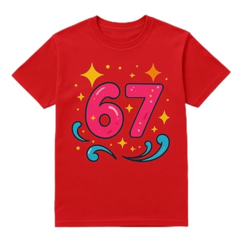 67 Meme Shirt Colorful 67 Graphic Tee with Stars & Swirls Trendy Viral T-Shirt for Teens & Adults Soft Unisex Made in USA (US, Alpha, Small, XX-Large, Regular, Regular, Medium, Red)