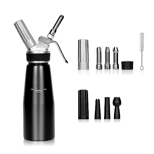 BIEAMA Whipped Cream Dispenser Aluminum 1-Pint 500ml, Whipped Cream Maker for Desserts, Sauces, Chocolate, N2O Chargers Not Included, Black