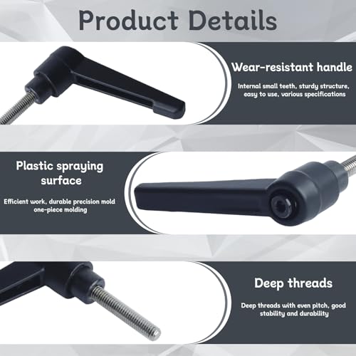 Image of Clamping Lever Handles with Quick Release Push Button Locking, 304 Stainless Steel M5 x 25mm Stud - Black (6 Pack)
