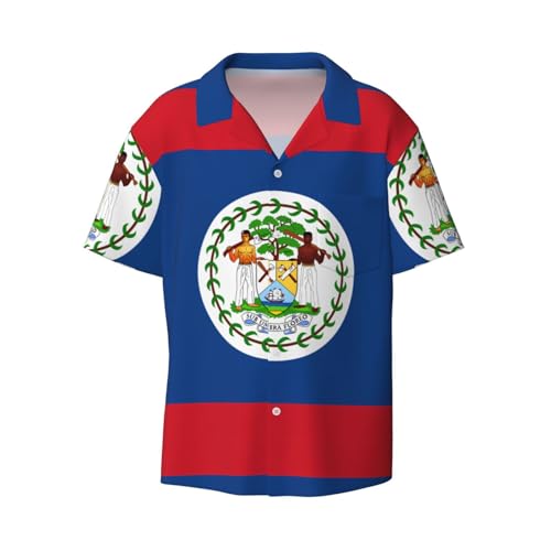 Chemise boutonnée à manches courtes avec drapeau du Belize, coupe ajustée, longueur sans nœud, tissu extensible confortable., noir, Taille M