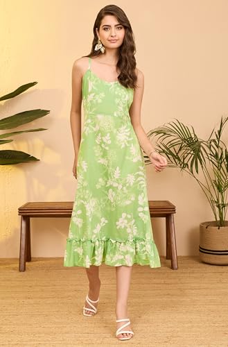 Image of Janasya Women's Rose Pink Pure Cotton Floral Printed A-Line Dress