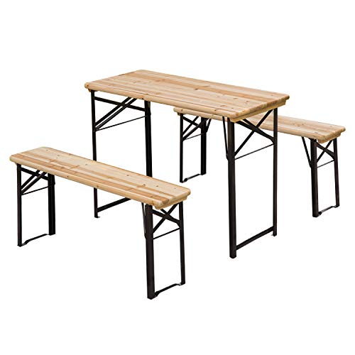 Outsunny Table de Camping Pique-Nique Pliable Portable + 2 bancs Pliables métal époxy Noir Bois Massif Sapin