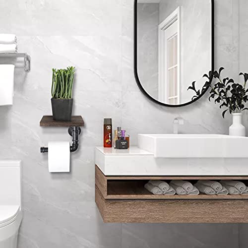 Toilet Paper Holder with Shelf, Rustic Toilet Paper Roll Holder with Wooden Shelf and Industrial Iron Pipe, Pipe Toilet Paper Holder for Bathroom, Washroom - Image 7