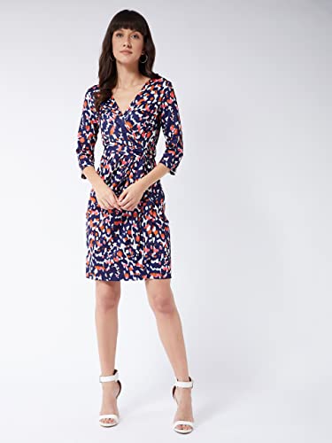 Image of Miss Chase Women's Multicolored-Base-Navy Blue V-Neck 3 /4th Sleeve Animal Wrap Knee Length Dress