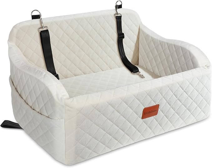 Lealchum Dog Booster Car Seat for Medium Dogs,Two Clip-On Safety Leashs Dog Car Bed for Two Small Dogs, Removable and Washable Comfy Pet Cars Seat,Easy to Install and Clean (Beige, Large)