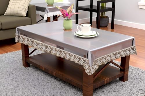 Image of The Furnishing Tree Rectangle Shaped Center Transparent Table Cover WxL 40x60 inches 0.25 mm Thickness with Golden Lace