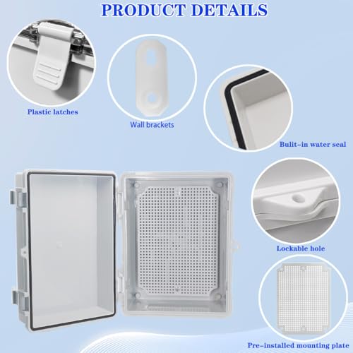 Waterproof Outdoor Electrical Box Junction Box Weatherproof IP67 ABS Plastic Enclosure Switch Router Project Box with Mounting Plate with Wall Bracket 2 Cable Glands Grey 8"x6"x4.3"