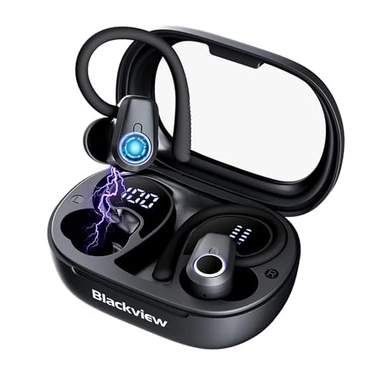Blackview Fones de ouvido sem fio Bluetooth, 50 horas de reprodução, estojo de carregamento com display digital, fones de ouvido esportivos com gancho profundo para fone de ouvido, IPX7 à prova