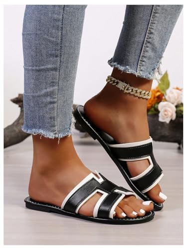 GORGLITTER Women's H Sandals Color Block Round Open Toe Dressy Flat Slides4