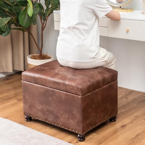 Image of Joveco Leather Storage Ottoman, 24 inch Rectangle Tufted Square Upholstered Bench, Foot Rest Stool with Wood Legs, Footstool for Living Room Bedroom, Coffee
