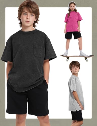 Image of COZYPOIN Unisex Kids Vintage Acid Wash Cotton Tees Crew Neck 3-16Y | 100% Cotton Boys Oversized T Shirt, Crew Neck, Short Sleeve, Front Pocket, Vintage Acid Washed Kids Tees for Boys Girls