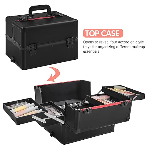 Yaheetech YT-00094134 4 In 1 Professional Makeup Train Case Aluminum Cosmetic Case Rolling Makeup Case Extra Large Trolley Makeup Travel Organizer thumb #3