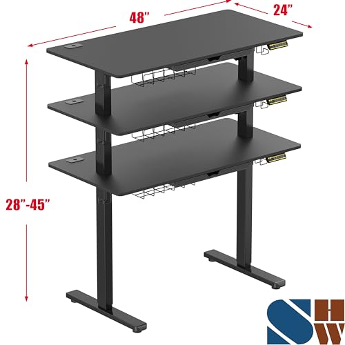 Image of SHW 48-Inch Electric Height Adjustable Standing Desk with Drawer, Memory Preset and Cable Management Tray, Black