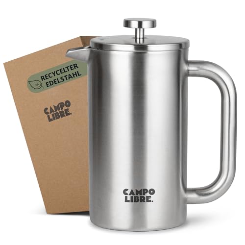 Campo Libre.® Giorgio. French Press I Kaffeebereiter aus doppelwandigem Edelstahl 1l I plastikfreie Kaffeepresse mit Thermofunktion inkl. Ersatzfilter I Kaffeezubereiter aus 100% recyceltem Edelstahl