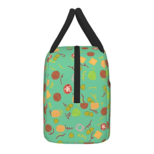 Green Lunch Bag For Women Men Insulated Burger Pattern Lunch Box For Adult Reusable Cartoon Cute Lunch Tote Bag For Work, Picnic,Travel,Hiking Beach Fishing #TOP3