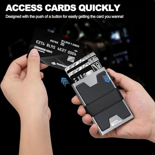 Image of SEMORID Slim Aluminum Card Holder Wallet for Men, Durable Expandable Backplate, RFID Blocking Minimalist Metal Pop Up Wallet, Holds 12 Cards Plus Cash (Grey)