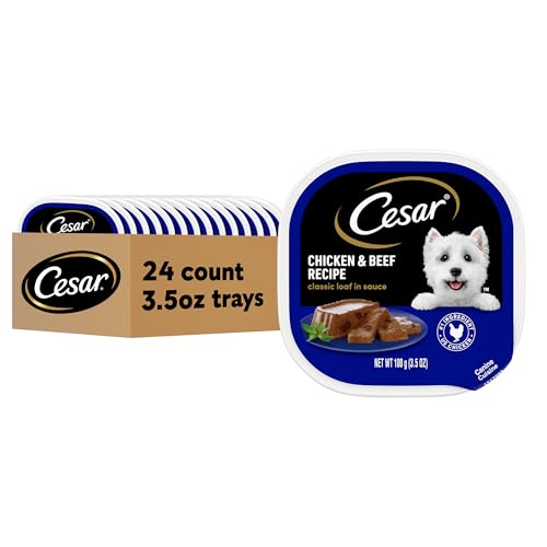 Image of Cesar Classic Loaf in Sauce Adult Wet Dog Food Chicken and Beef Recipe, Wet Food for Dogs, 3.5 oz Easy Peel Trays, 24 Count
