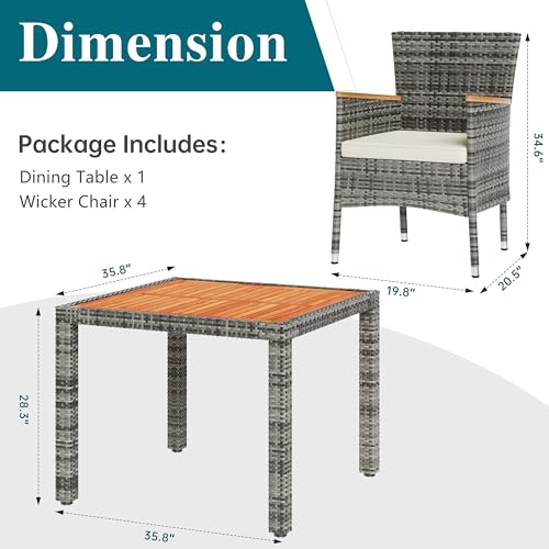 Image of Shintenchi 5 Piece Patio Dining Set, Wicker Patio Conversation Set with Wooden Table Top, Outdoor Table and Chairs with Soft Cushions for Backyard, Deck and Garden, Grey Wicker