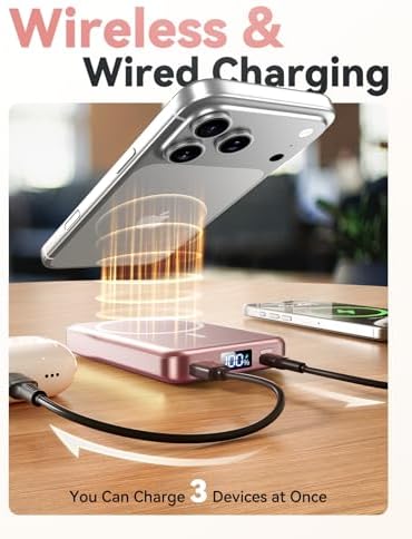 Magnetic Portable Charger 10000mAh, Fast Charging MagSafe Battery Pack | 20W USB-C Fast Charging PowerBank with LED Display, Travel Essentials Wireless Charger for iPhone 17/16/15/14/13/12,RoseGold