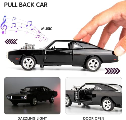 Image of WORSHIPER 1:32 Dodge Challenger SRT Exclusive Alloy Metal Pull Back Die-cast Car Model with Sound Light Mini Auto Toy for Kids for Toy Car with Sound and Light (1:32 Dodge Charger F & F7 - Black)
