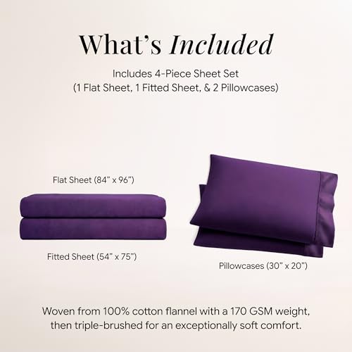 Image of Tribeca Living Triple Brushed Soft Cotton Flannel Sheets Set, Full Size 170-GSM Weight Extra Deep Pocket Sheet in Solid Purple Color